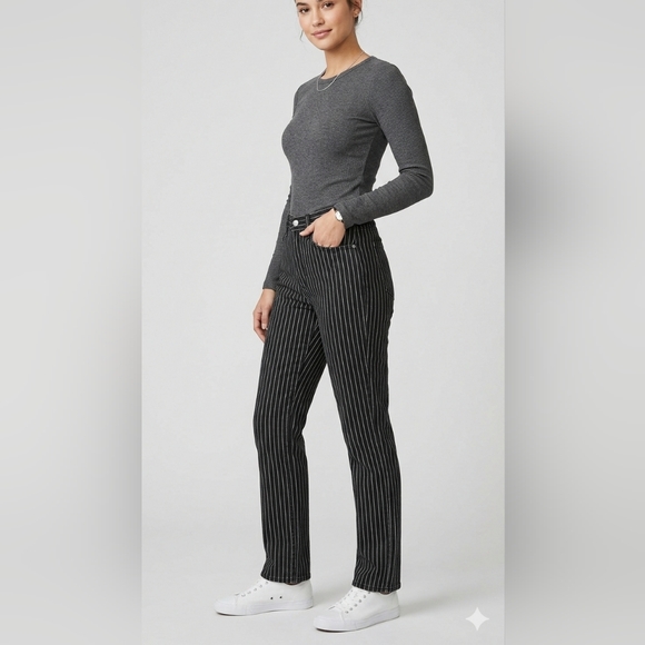 Zara Denim - Zara High Rise Pinstripe Flare Jeans Black White Striped Wide Leg Retro Goth
